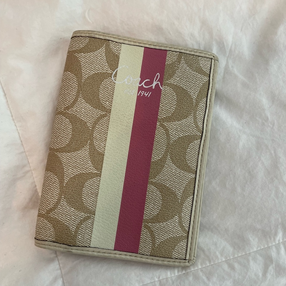 Coach Signature Stripe Passport Cover in Tan and Pink NWOT